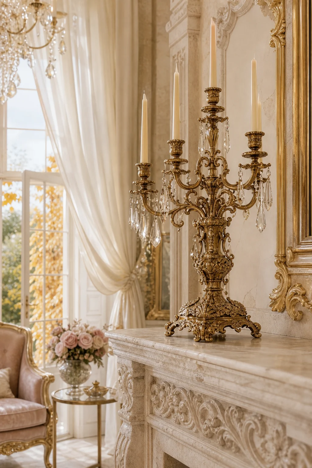 Straight-on medium-close detail of a pale limestone mantel styled sparsely with a single massive brass candelabra.