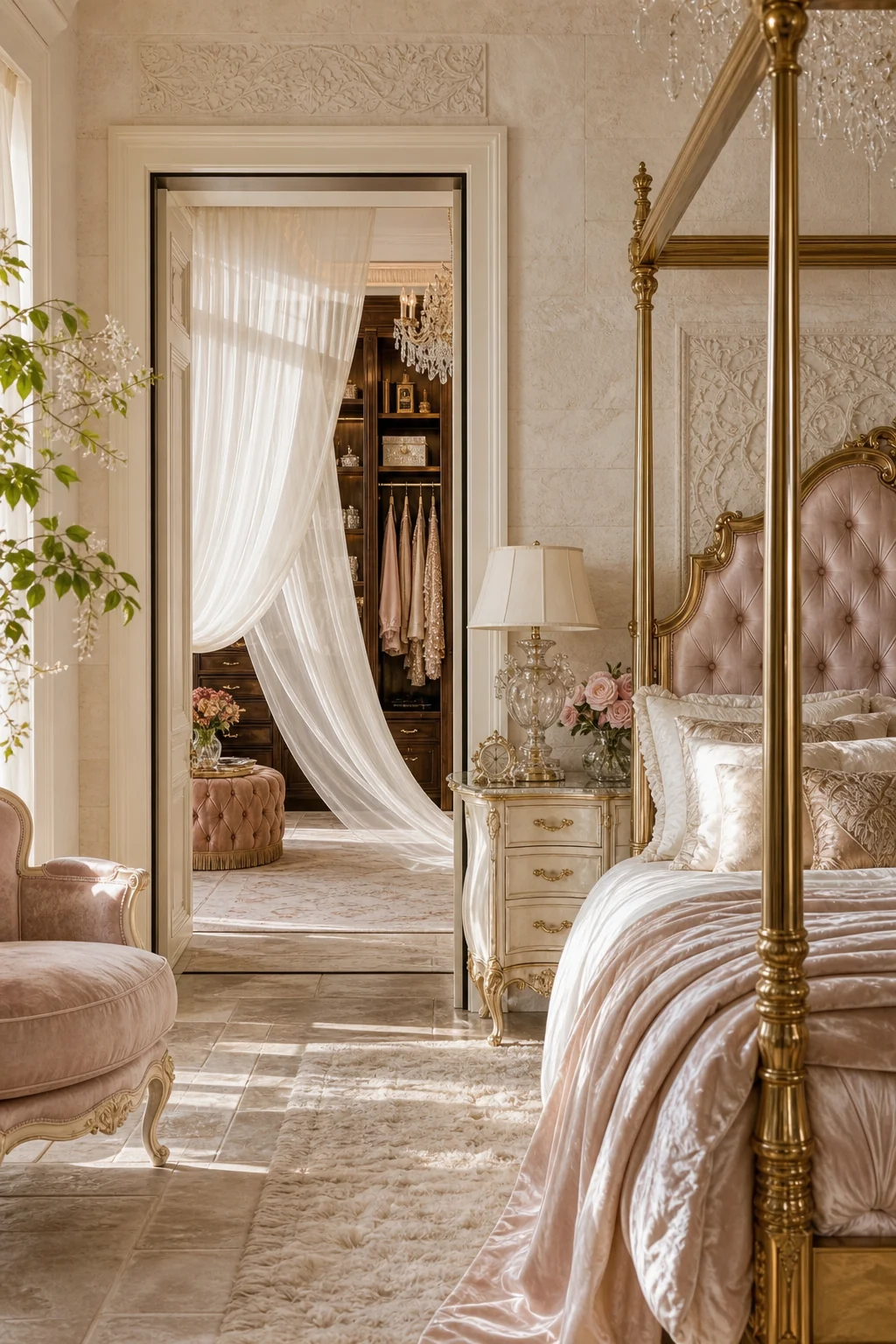 Looking through a doorway into a dressing room threshold, where a sheer white curtain reveals a tufted velvet ottoman.