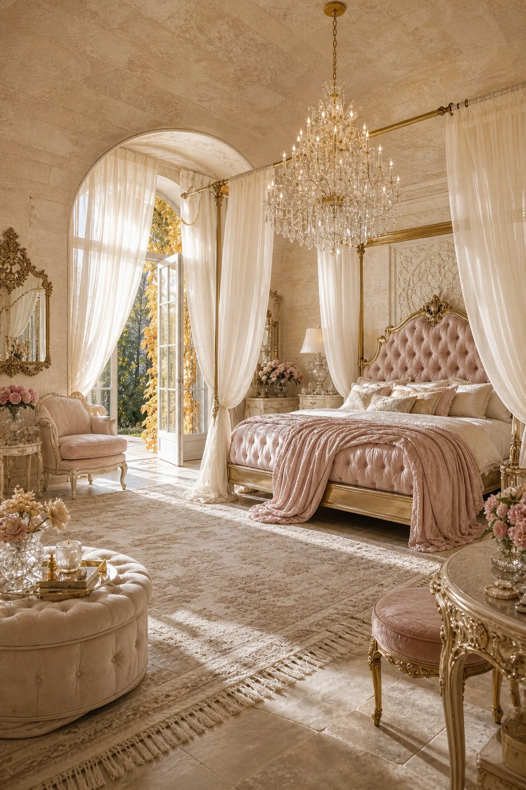Low, wide full-room proof showing sheer drapes framing the brass bed, a glowing crystal chandelier, and a blush palette.