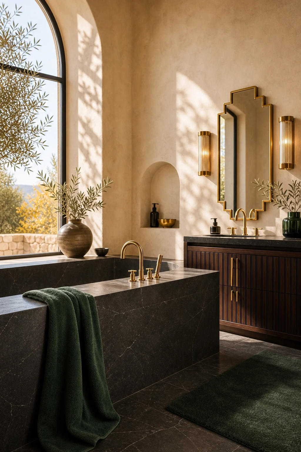 Matte charcoal basalt bathtub against warm biscuit plaster with polished brass fixtures.