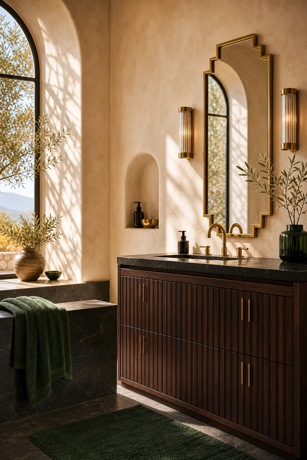Fluted dark walnut vanity and stepped brass mirror against rustic plaster.