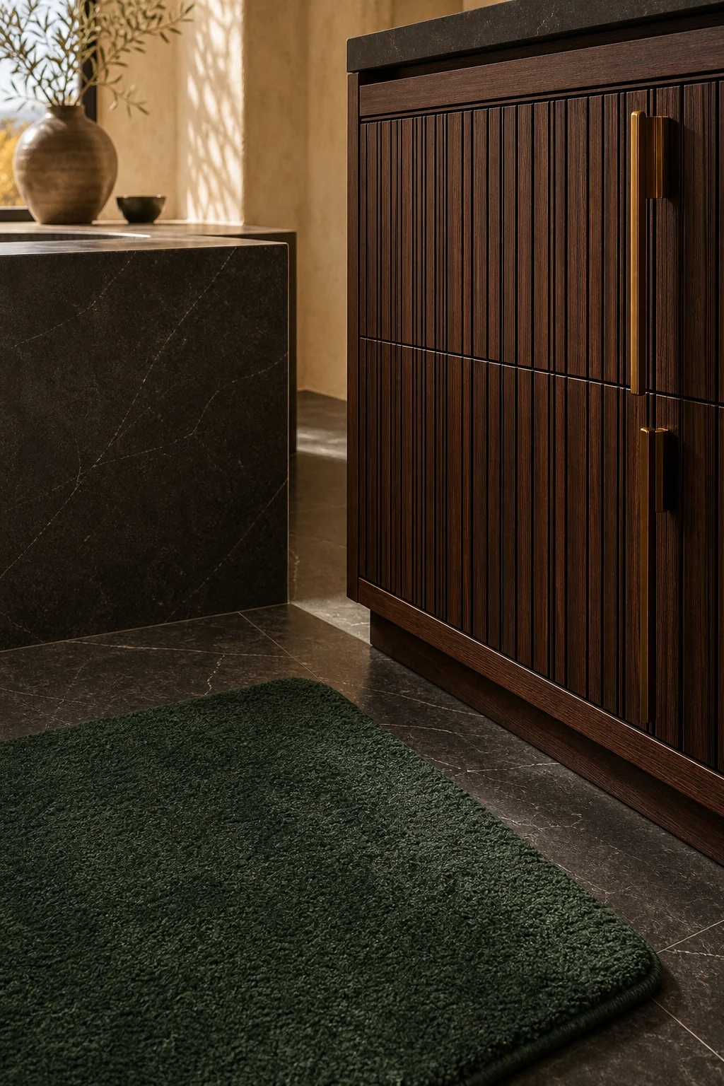 Matte basalt floor meeting a dark walnut vanity base with an emerald bath mat.