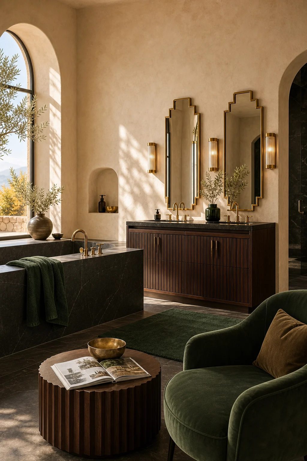 Wide view of fluted walnut double vanity beside a monolithic basalt bathtub.