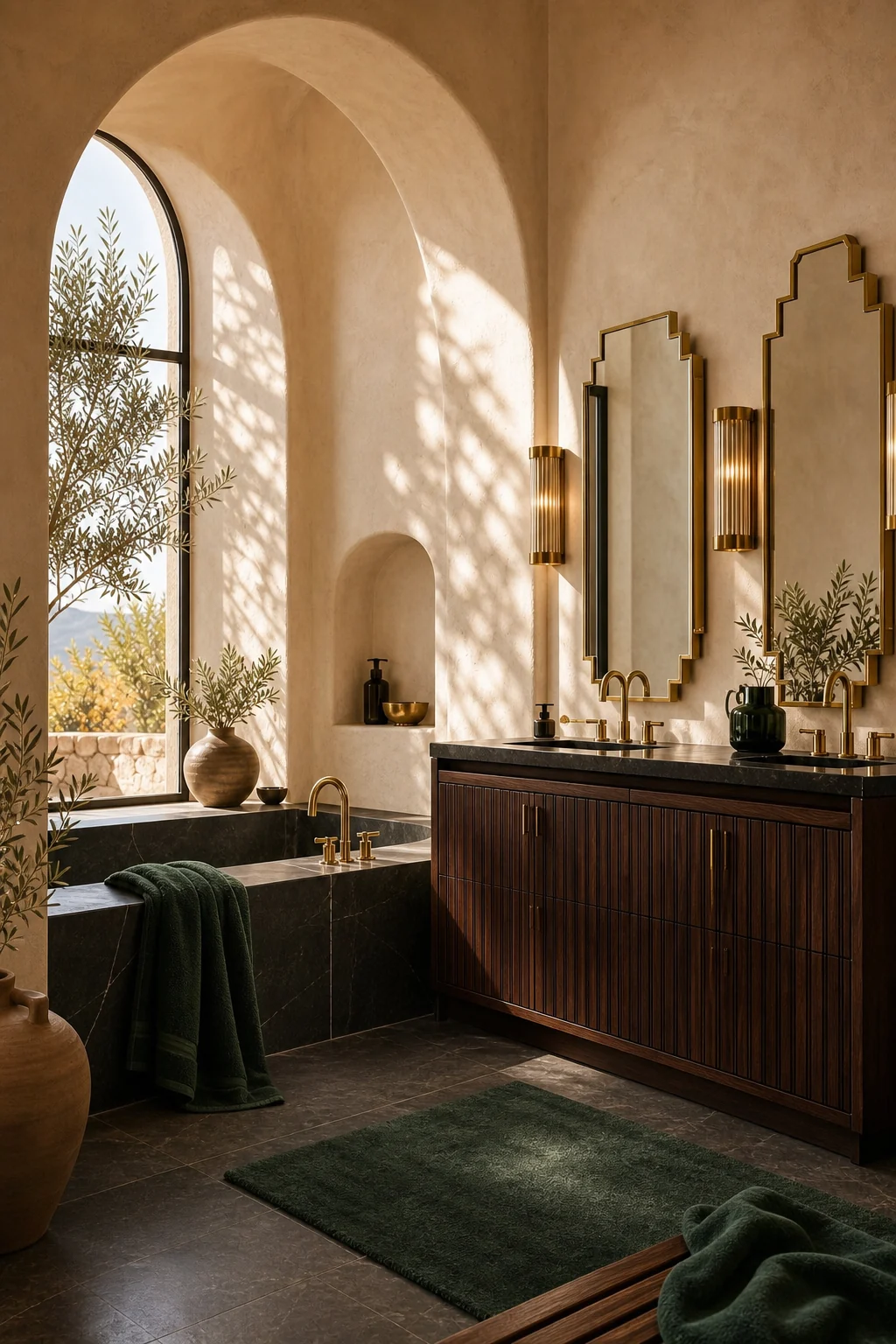 Soft plaster archway framing a sunlit window with a glowing brass sconce.