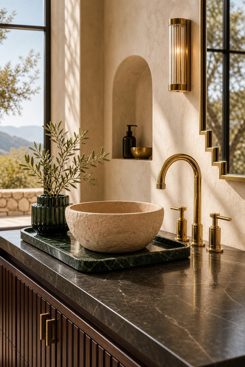 Emerald green marble tray with raw terracotta vessel and polished brass tap.