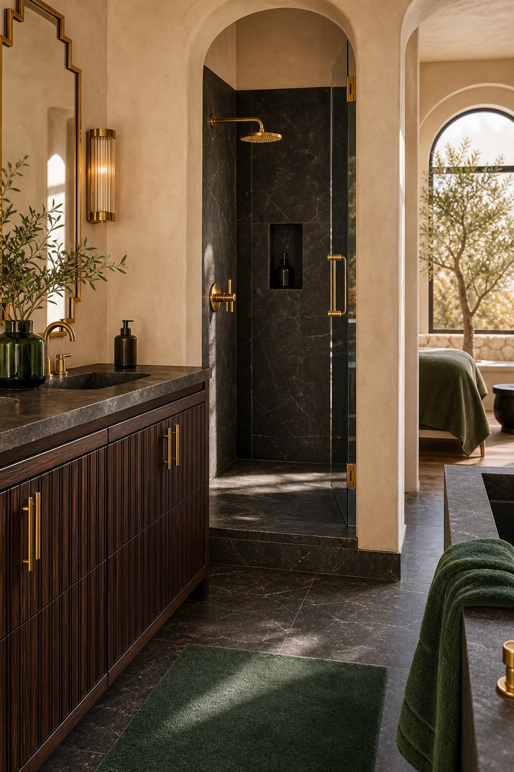 Walk-in shower with matte biscuit plaster walls and geometric brass showerhead.