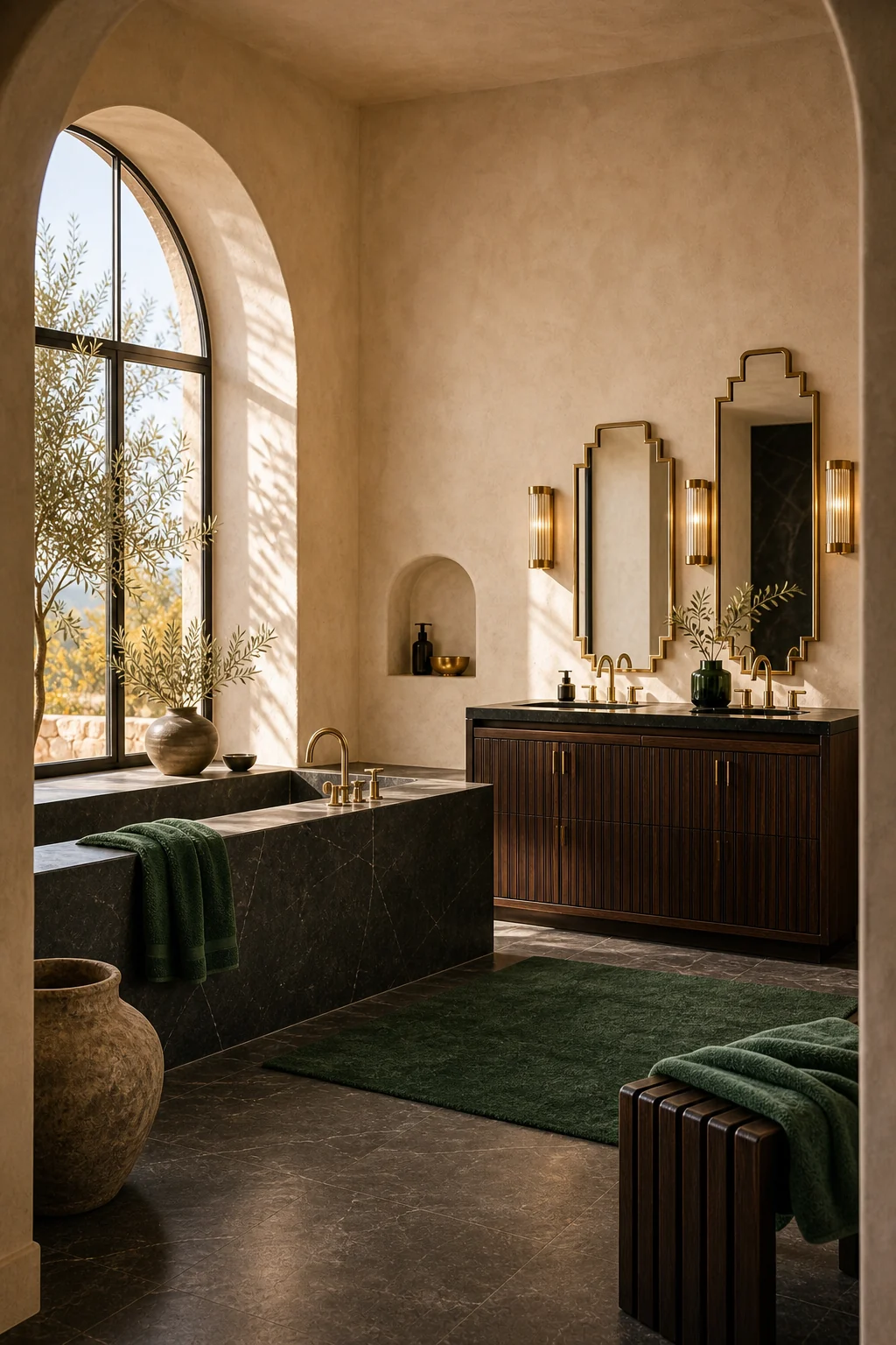 Full room view showing balanced tension between rustic plaster and sharp Deco vanity.