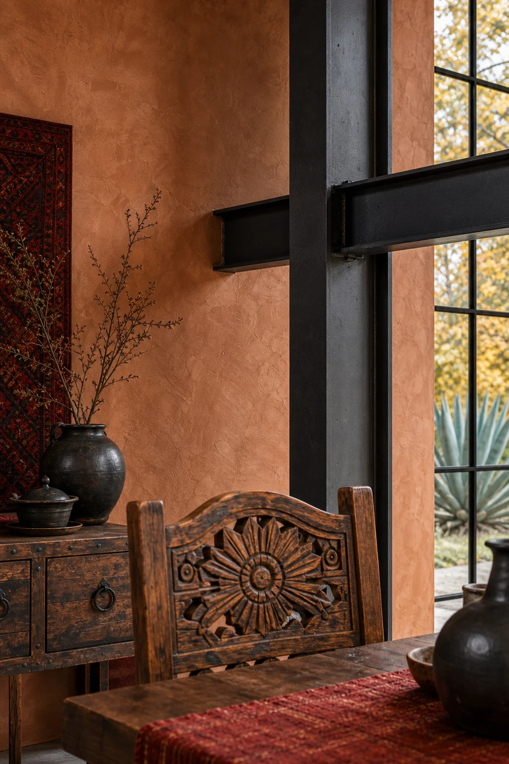 Close-up of a terracotta plaster wall and carved copal wood chair intersected by a black steel I-beam.