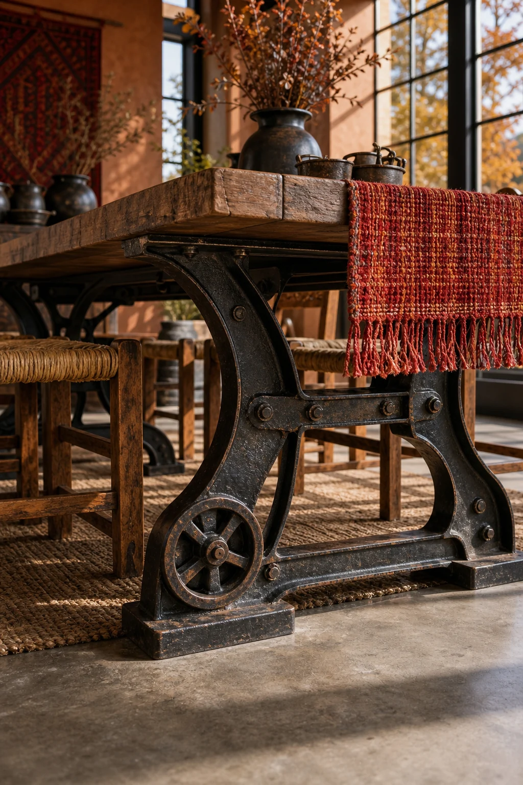 Low angle view of heavy cast-iron table legs on a concrete floor with a red woven runner draping down.