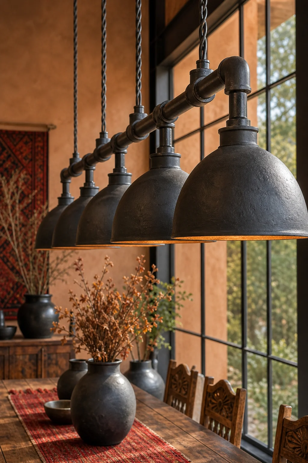 Detail of a custom chandelier featuring raw steel pipes and handmade barro negro clay dome shades.