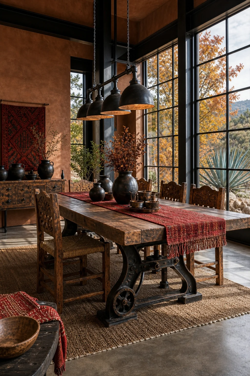 Medium vignette of a dining table end with carved chairs, a red runner, and a factory window background.