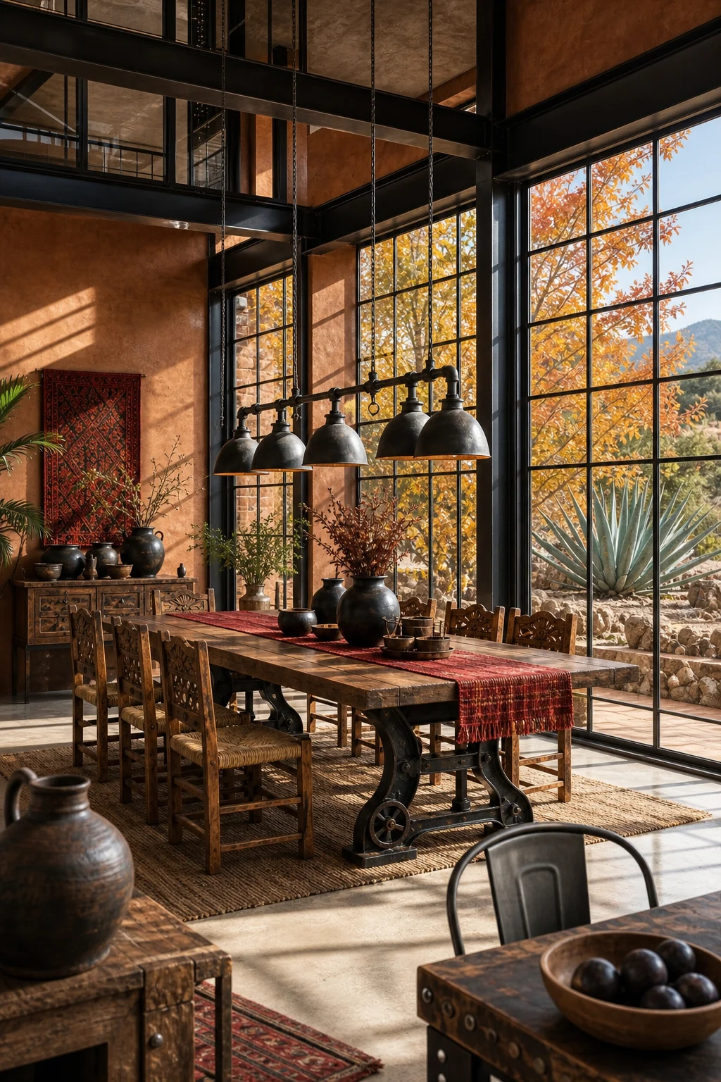 Wide architectural view of steel-framed factory windows casting autumn sunlight onto terracotta plaster walls.