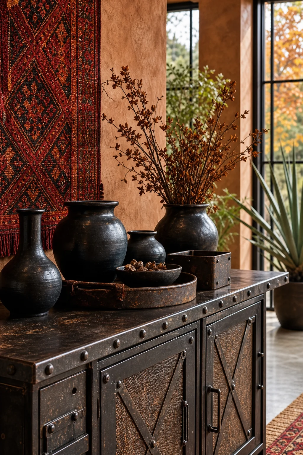 Console table vignette with clustered barro negro pottery and dried flora against a riveted steel sideboard.