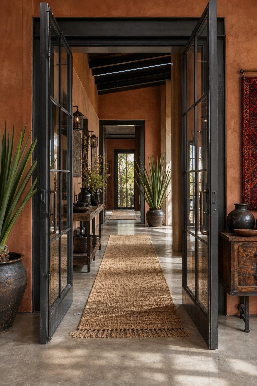 A steel-framed glass door opening into a hallway with a woven agave rug and terracotta walls.