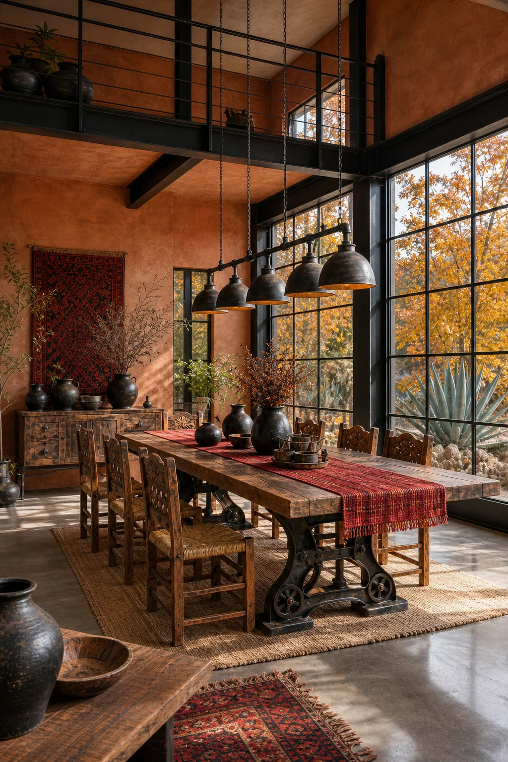 Wide full-room view of the dining space showing the balance of terracotta walls, steel beams, and wooden furniture.