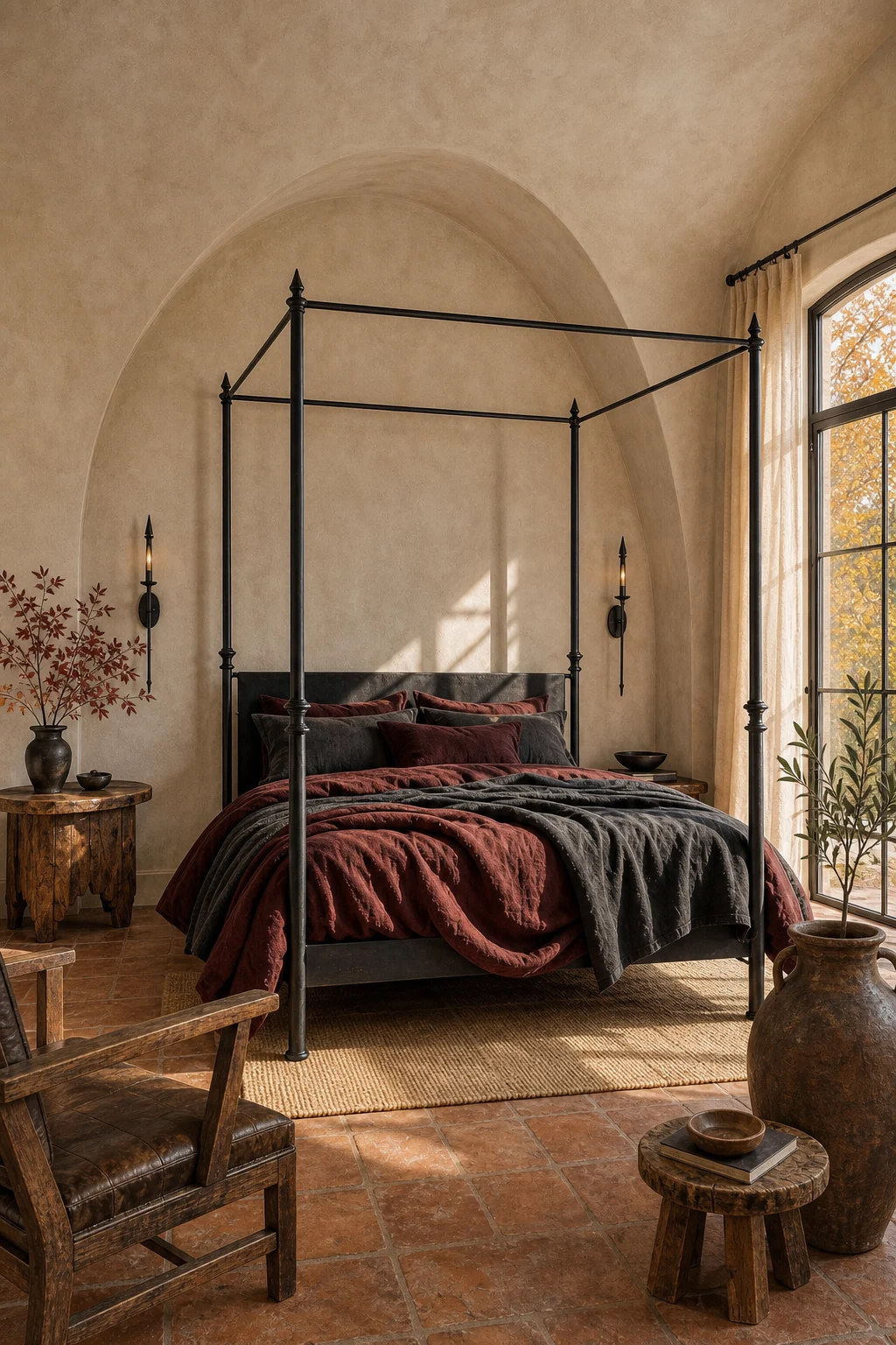 A matte black iron four-poster bed against a warm hand-troweled greige plaster wall