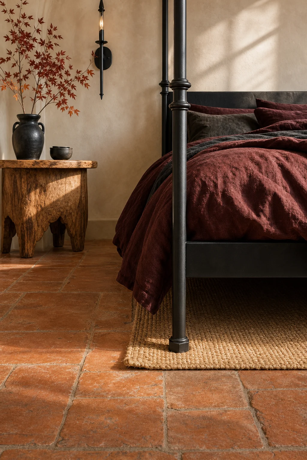 Reclaimed terracotta floor tiles meeting the sharp legs of a matte black iron bed
