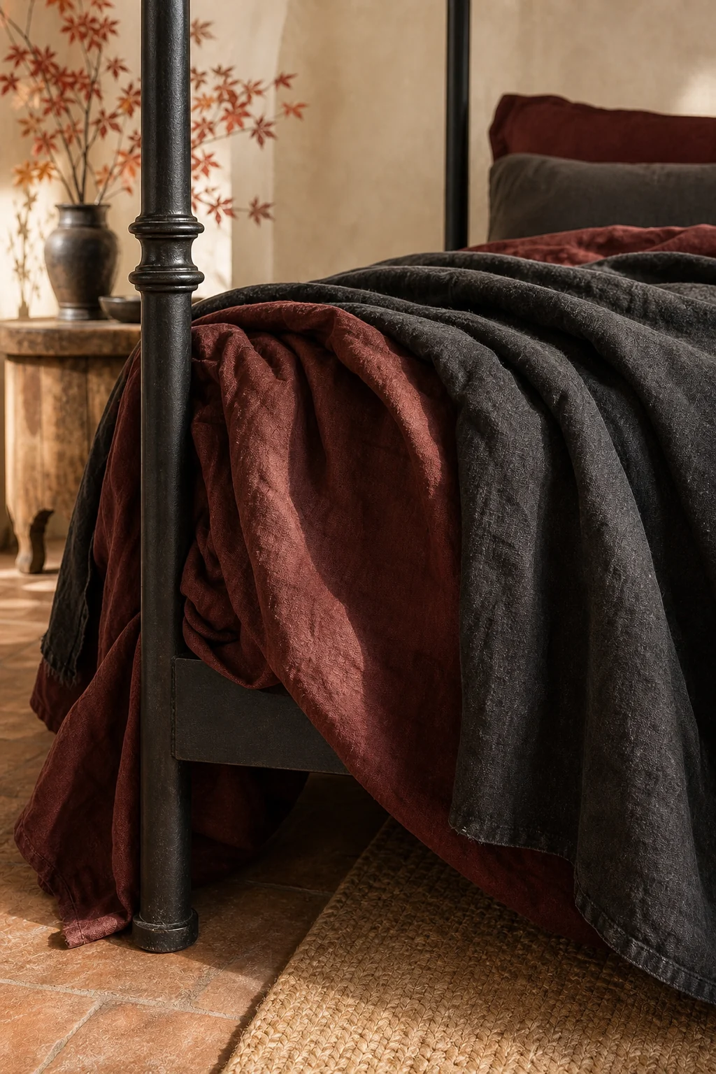 Heavy oxblood and charcoal linen draped over a rigid iron bed frame