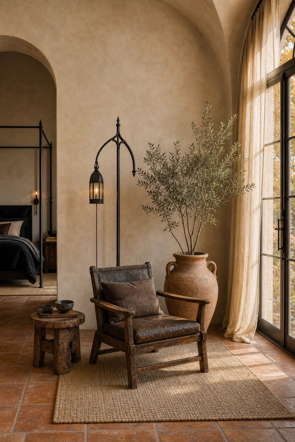 A rustic wooden chair near a dark iron floor lamp and a large terracotta urn