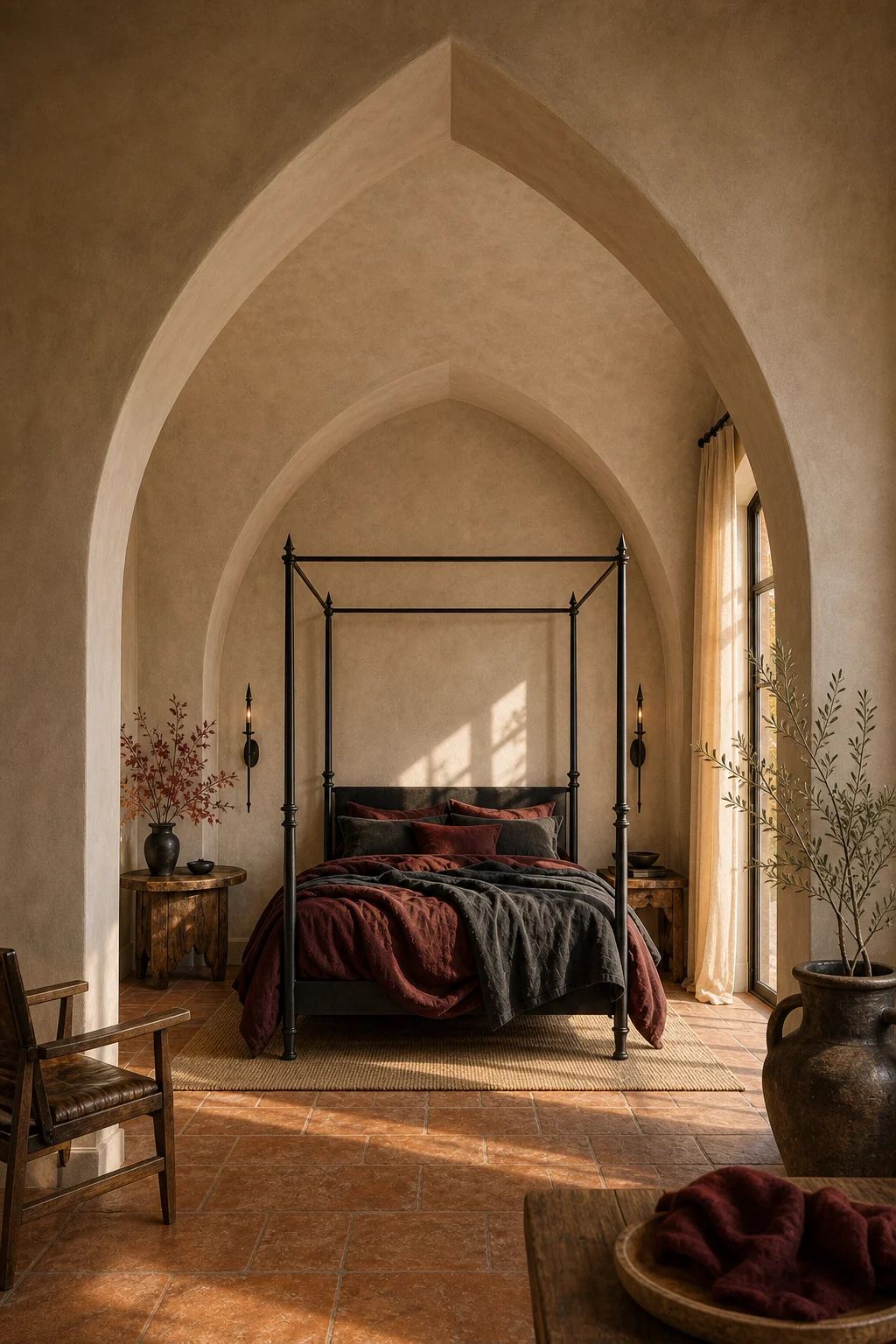 A pointed-arch alcove executed in warm greige plaster bathed in golden daylight