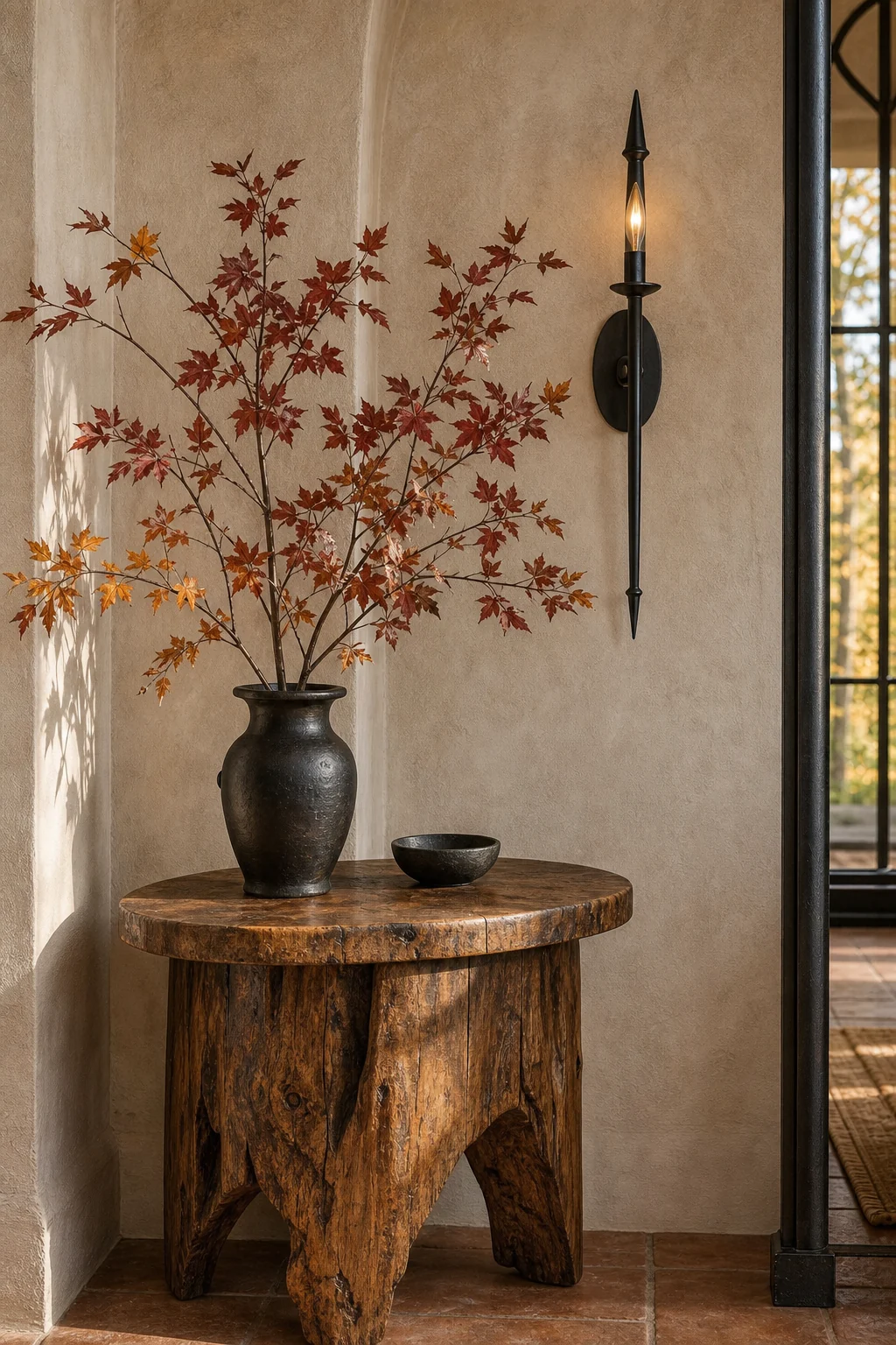 An olive-wood side table with a sleek black sconce and dark ceramic vase