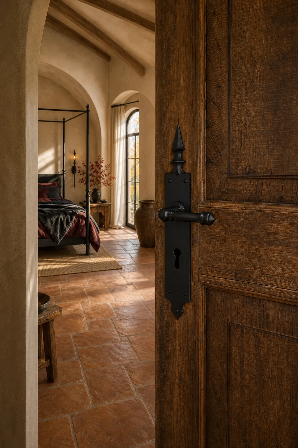 A rustic wooden door with sharp matte black iron hardware opening onto terracotta tiles