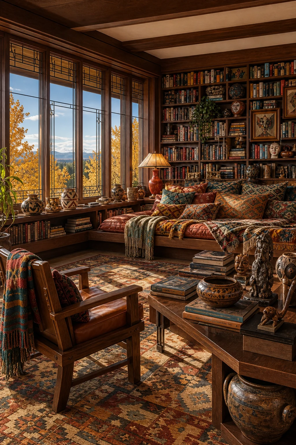 Wide shot of a library with horizontal walnut shelving filled with densely packed books and art.