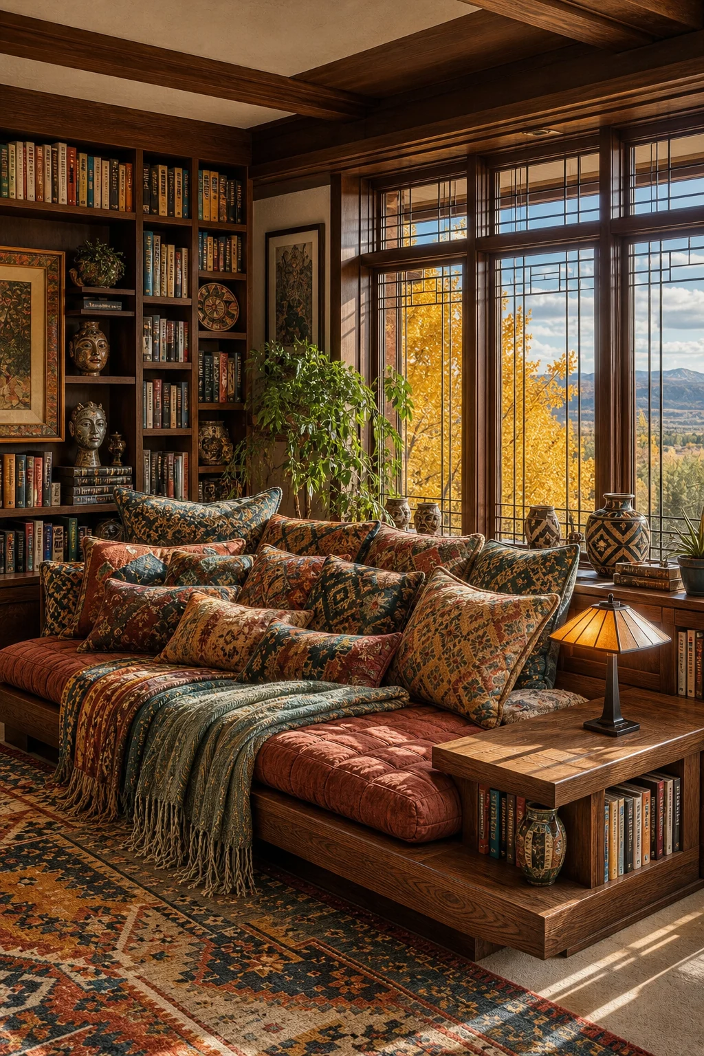 Medium shot of a cantilevered wooden daybed covered in layered, patterned textiles.