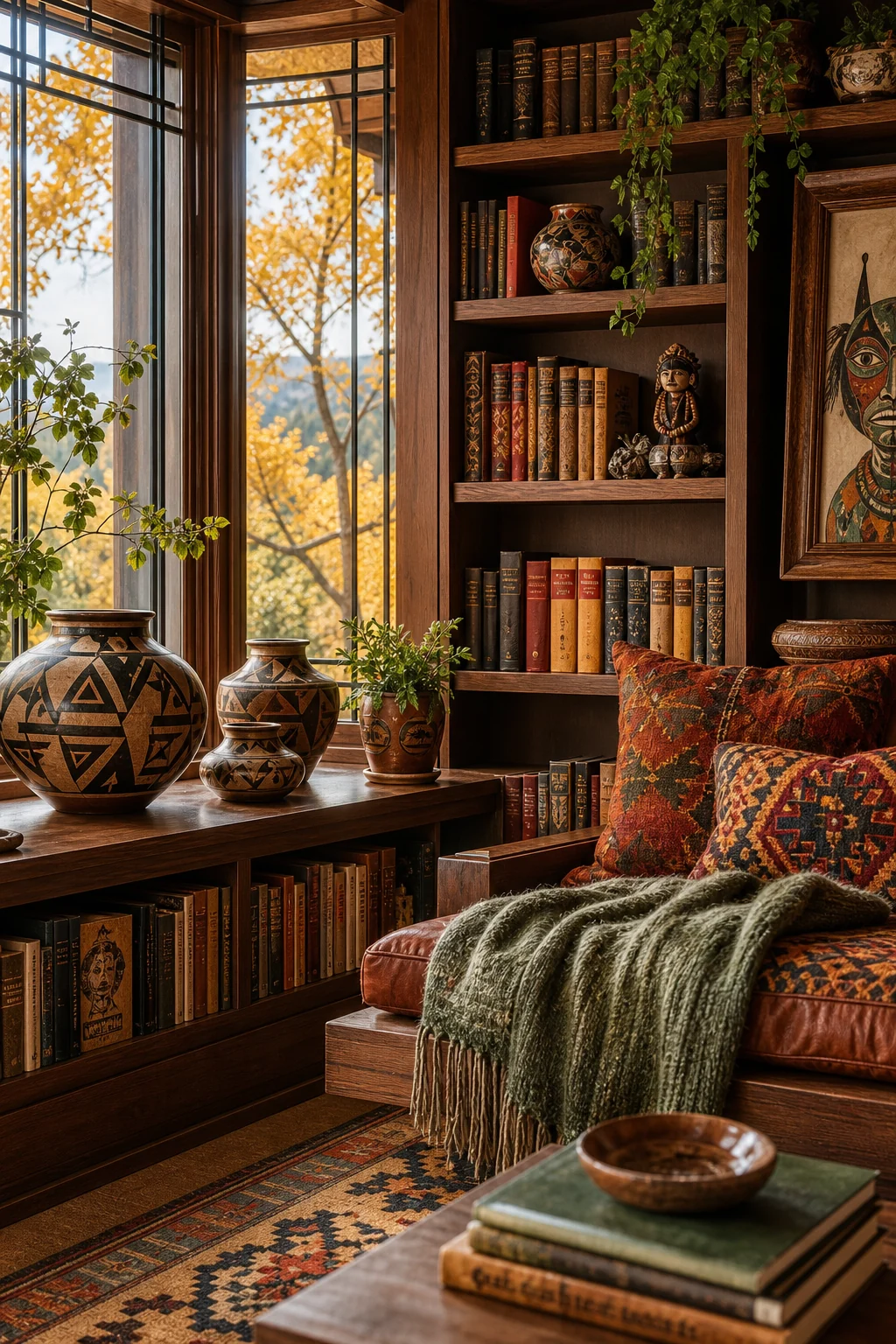 Detail shot of walnut woodwork meeting terracotta pottery and ochre books.