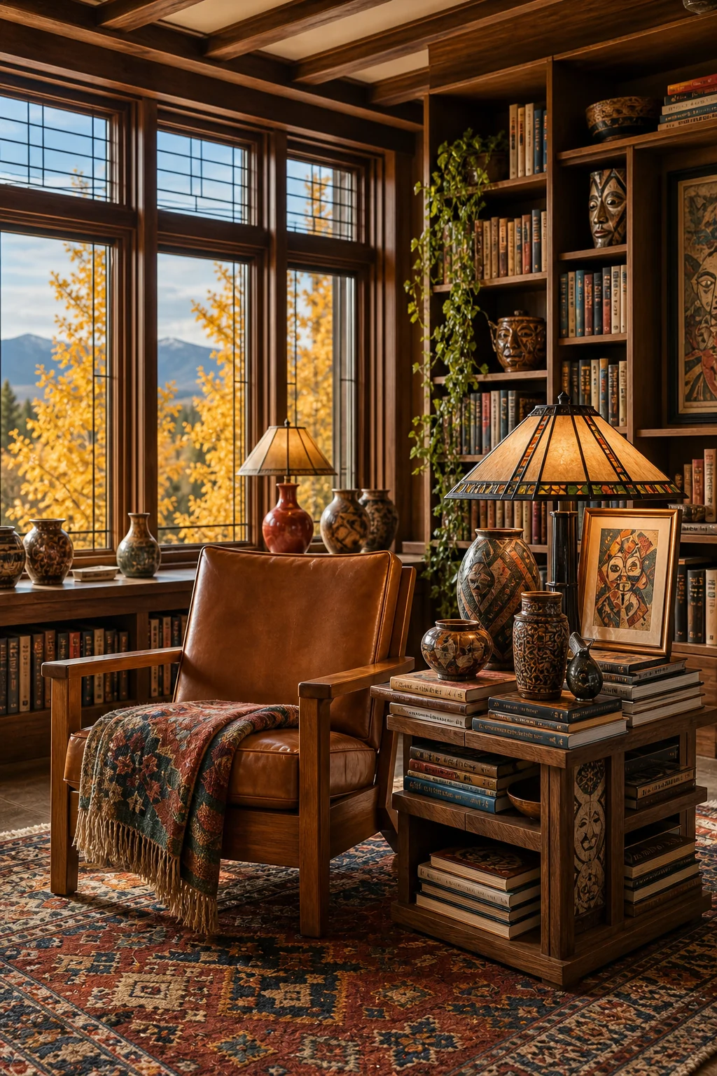Seating vignette with a sleek leather chair and a densely styled side table.