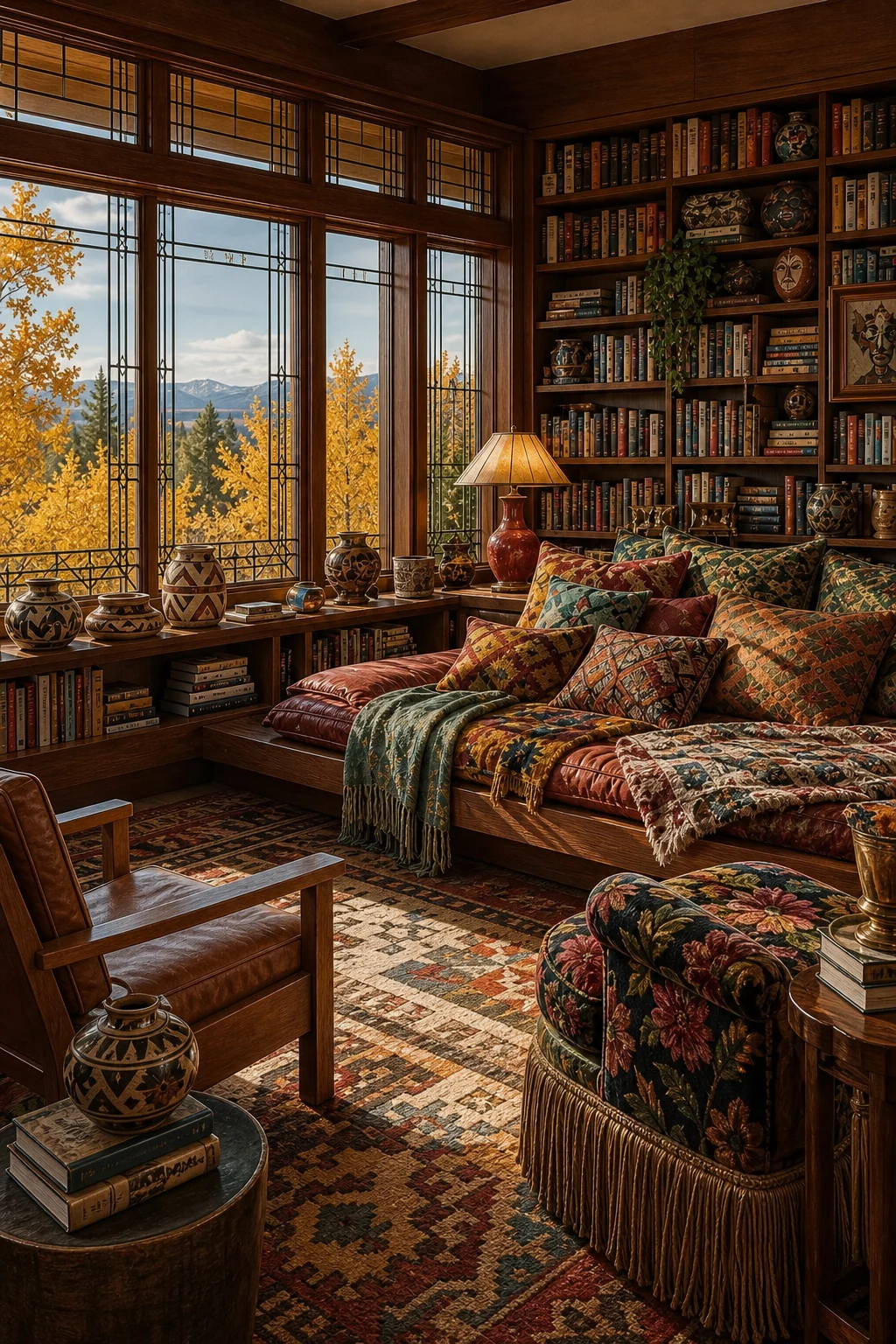 Contextual view of an art-glass window with autumn light hitting patterned rugs.