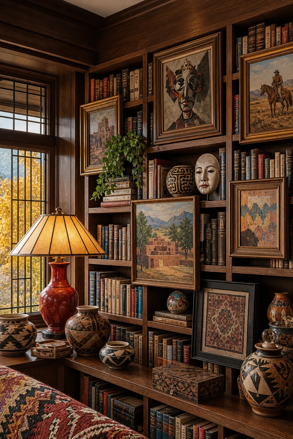 Close-up of framed art hung directly on the wooden mullions of a bookcase.