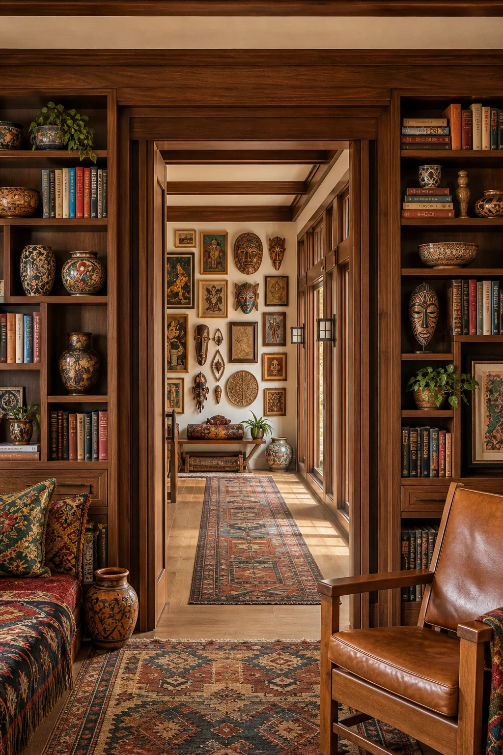 View through a walnut-trimmed doorway into a hallway with a dense gallery wall.