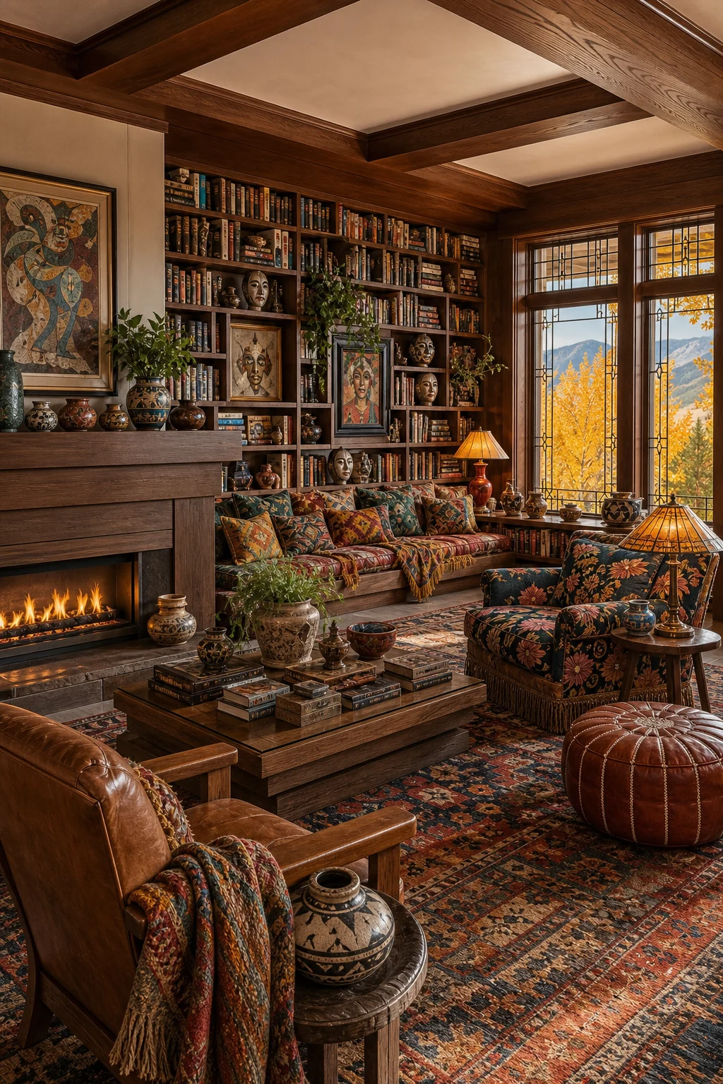 Wide balanced room view showing a low-slung fireplace and horizontal banding containing dense collections.