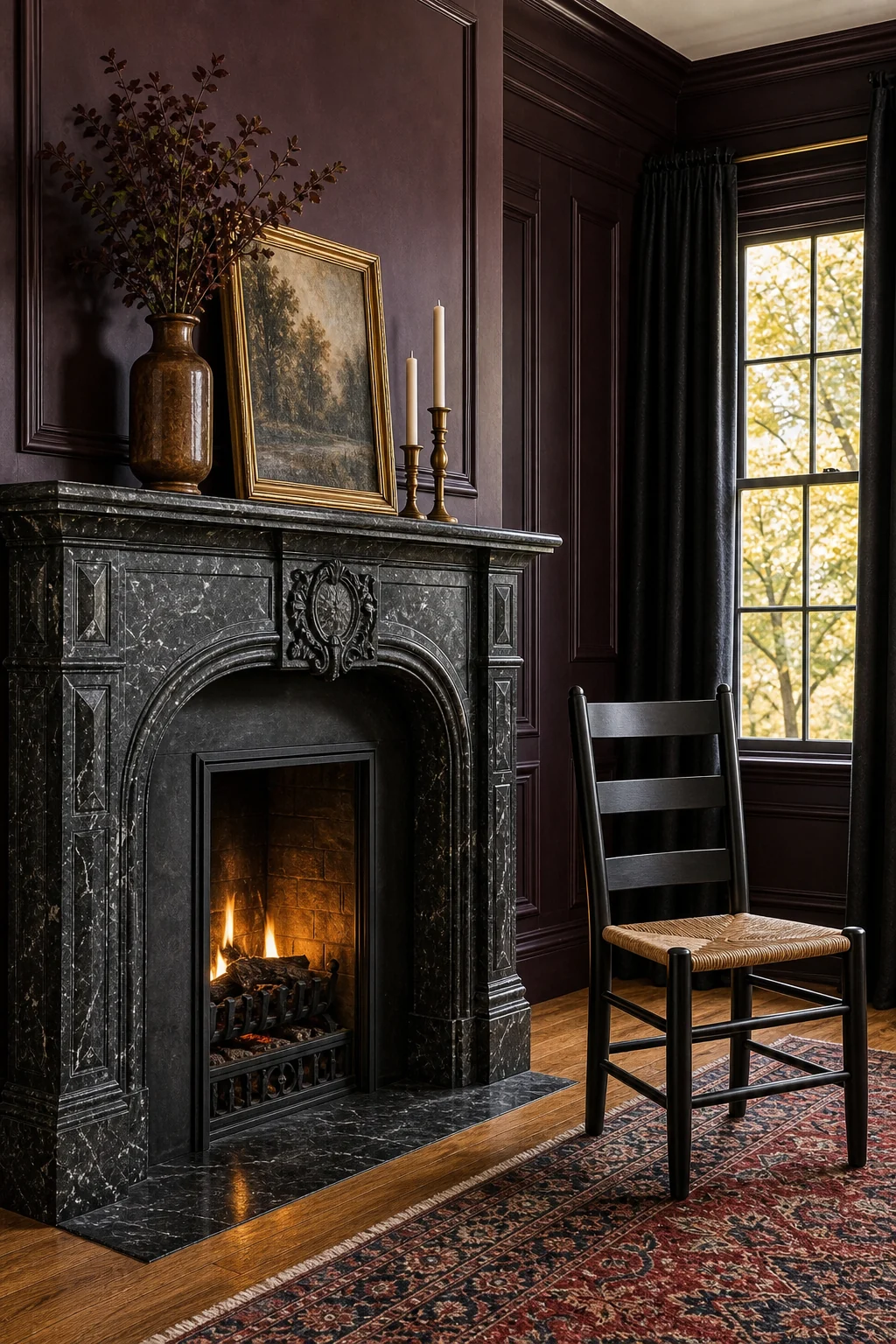 A dark marble fireplace against aubergine walls with a simple black wooden chair.