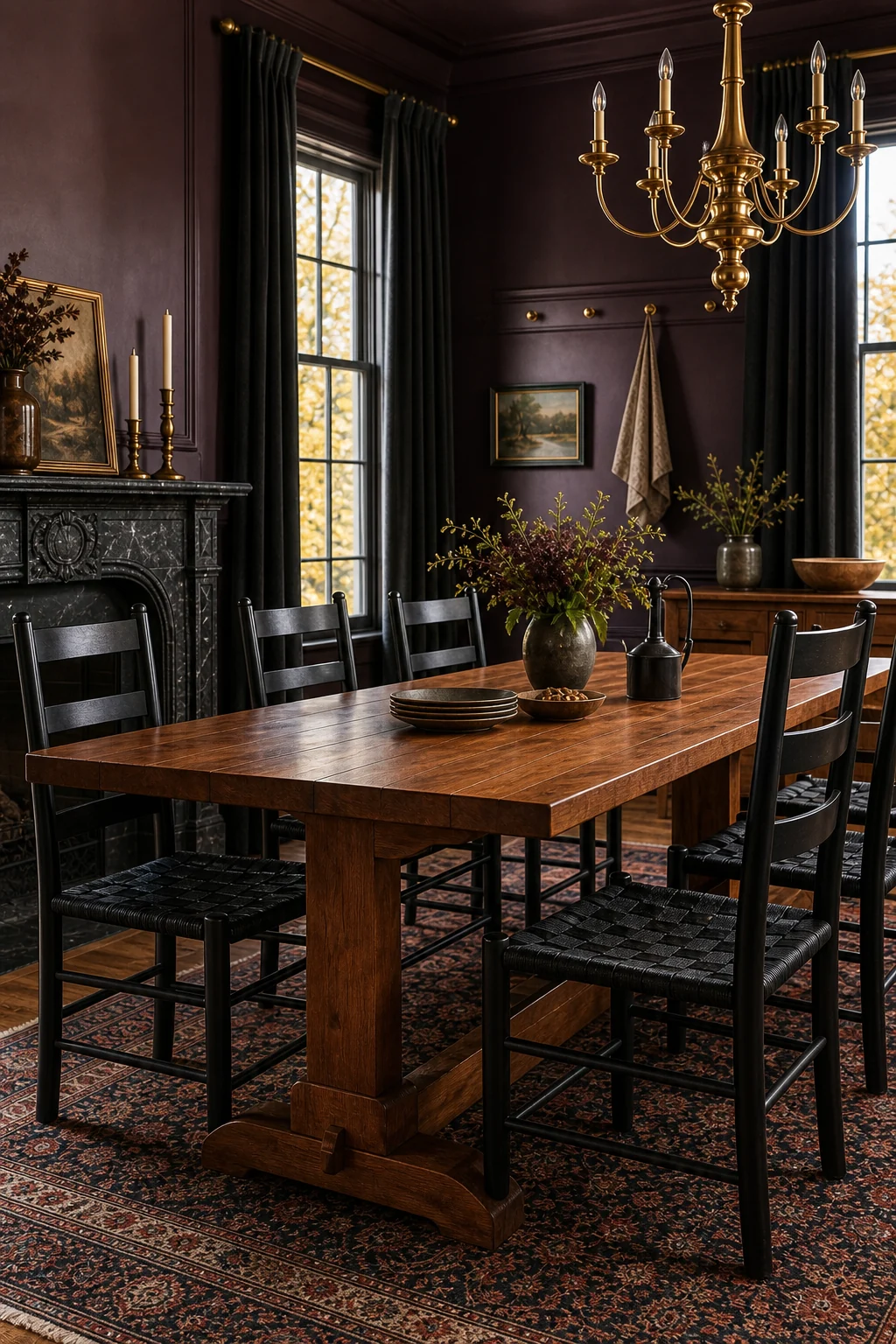 A cherry wood dining table and black chairs framed by heavy dark curtains.