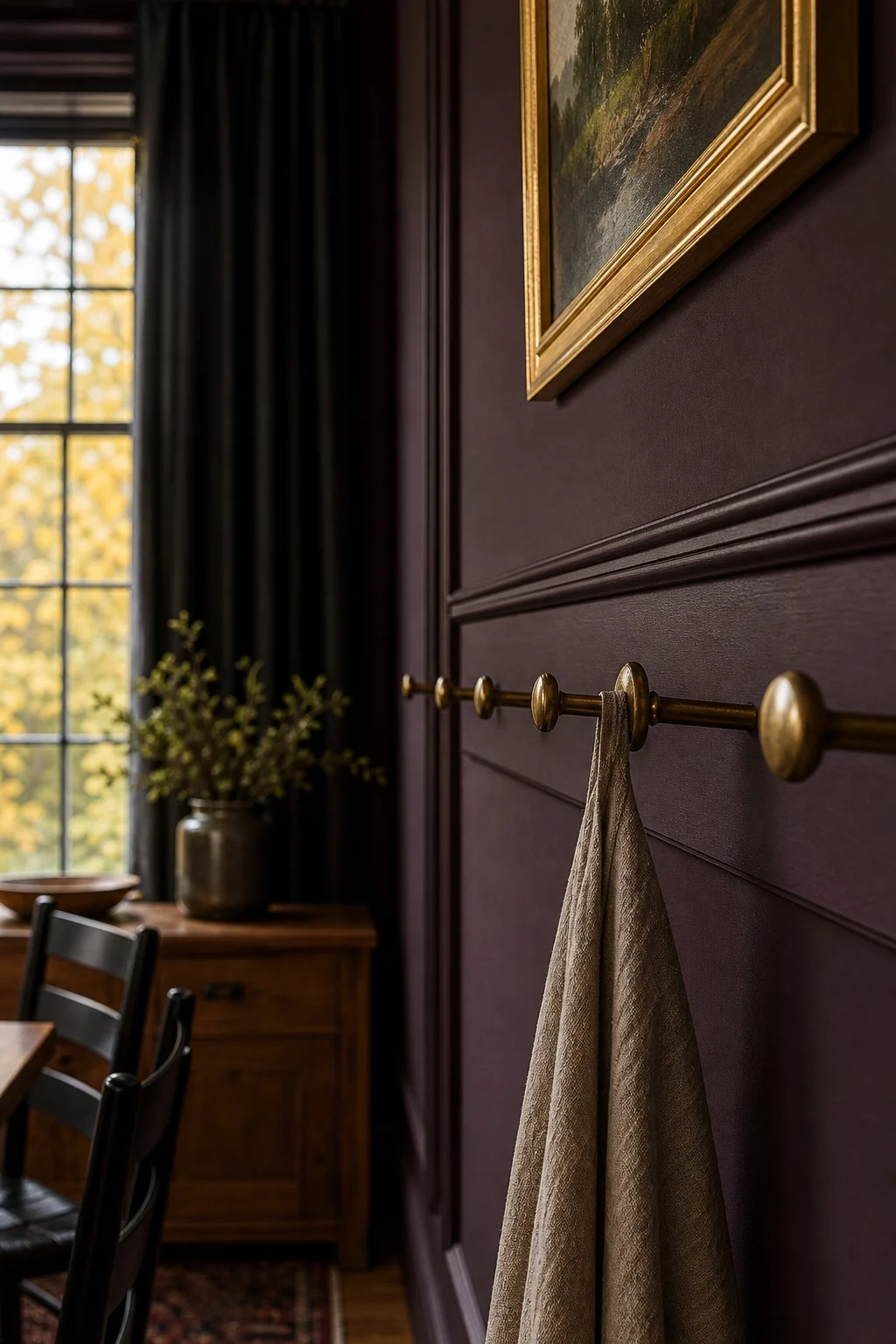 Close up of an aubergine wall with a matching peg rail and brass pegs.
