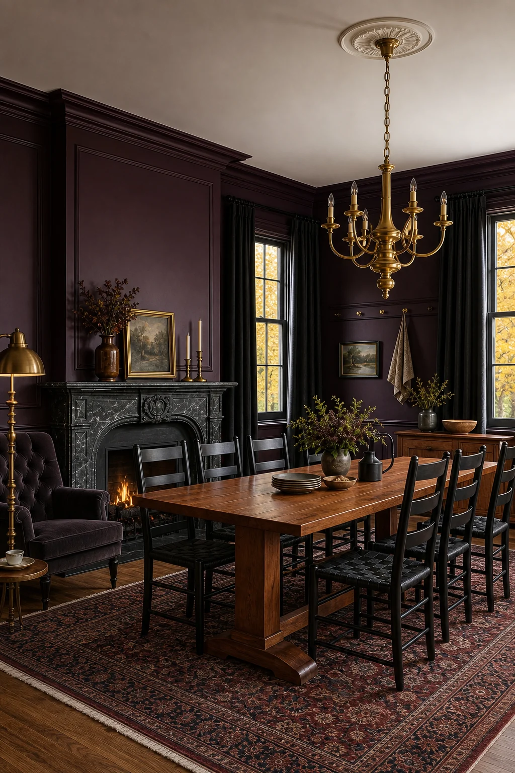 A dining table setting beneath an ornate brass chandelier in a dark room.