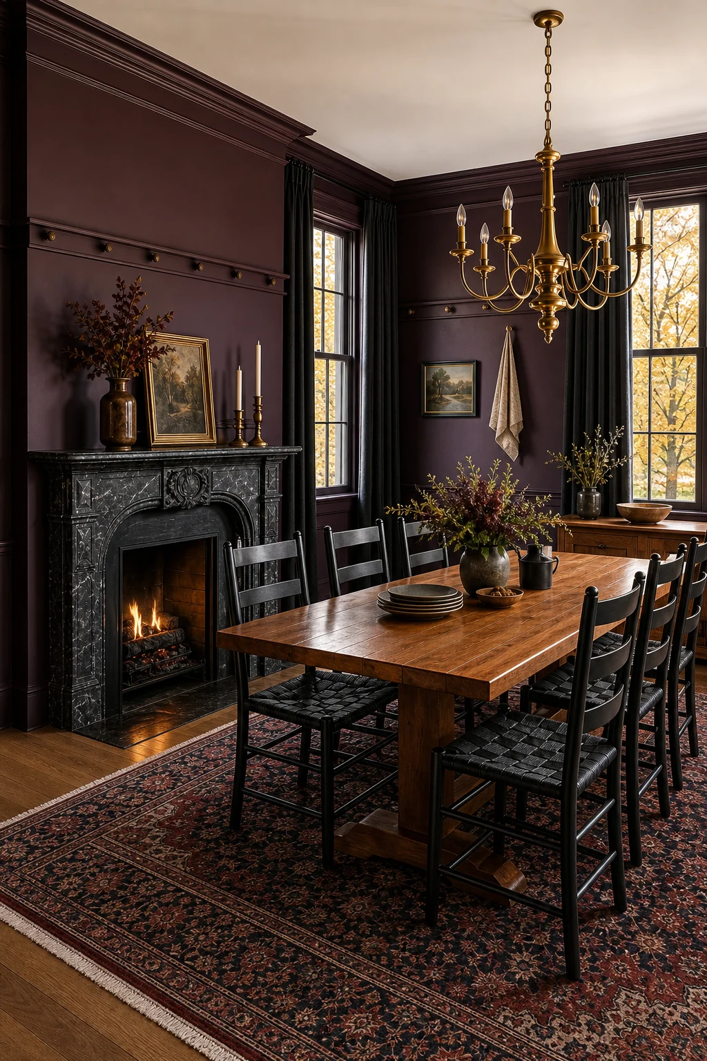 Tall historic windows letting bright autumn light into a dark purple room.