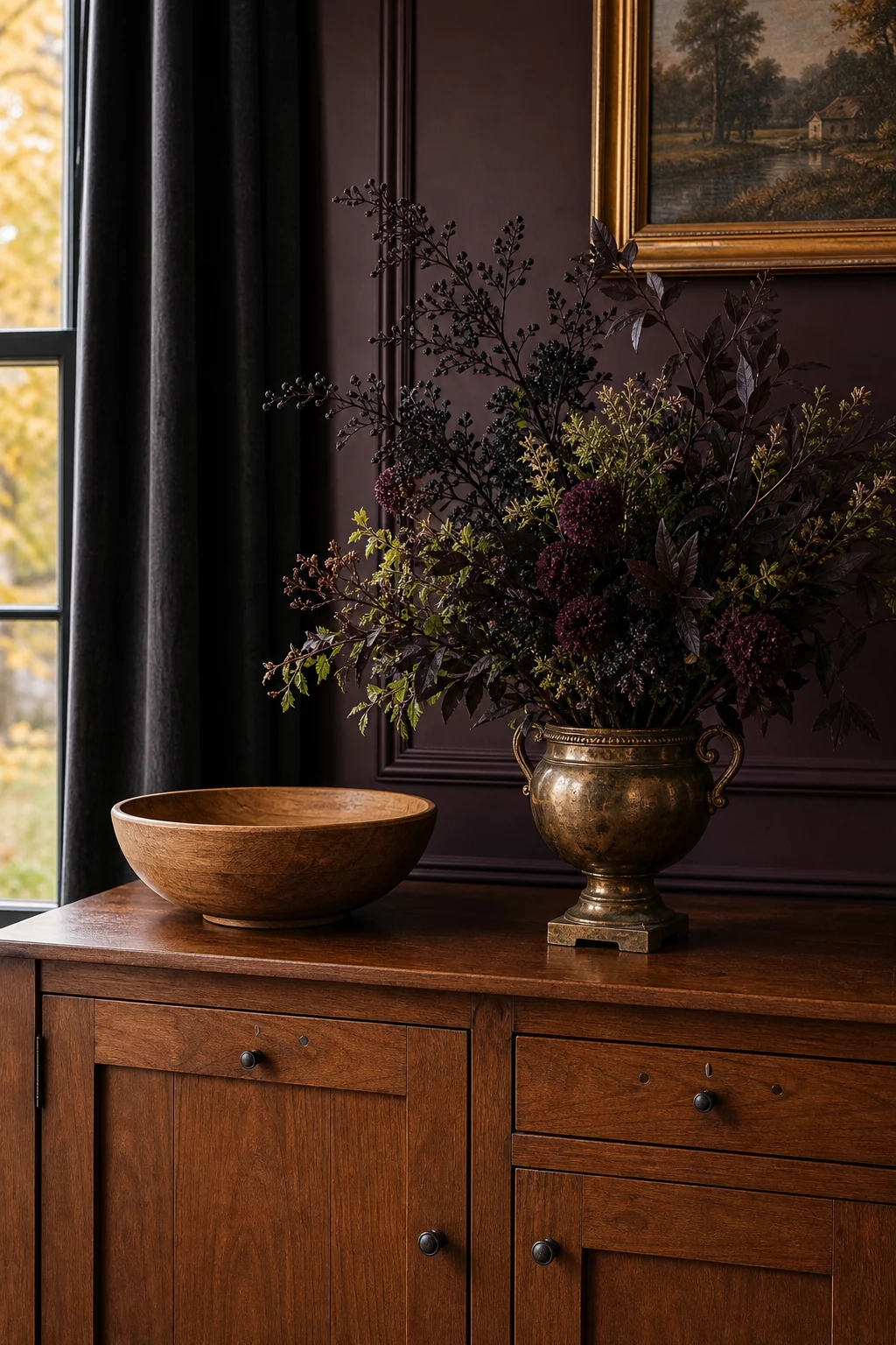A cherry sideboard with a wooden bowl and a dark floral arrangement.