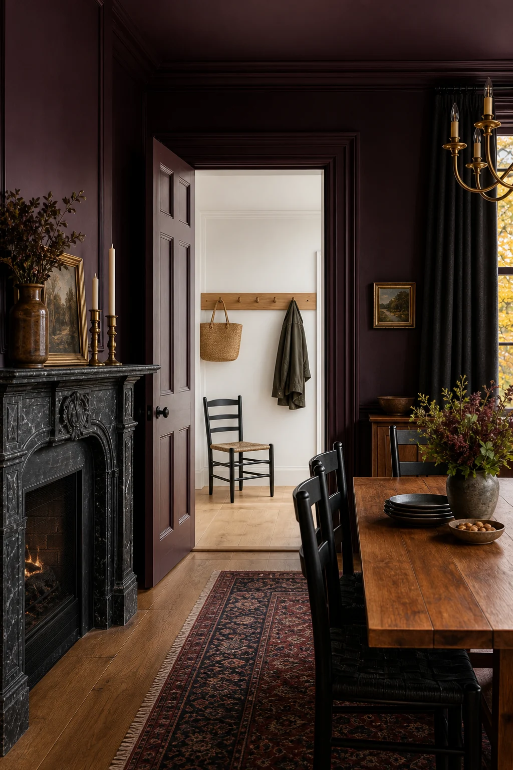 View from a dark purple dining room into a bright white hallway.