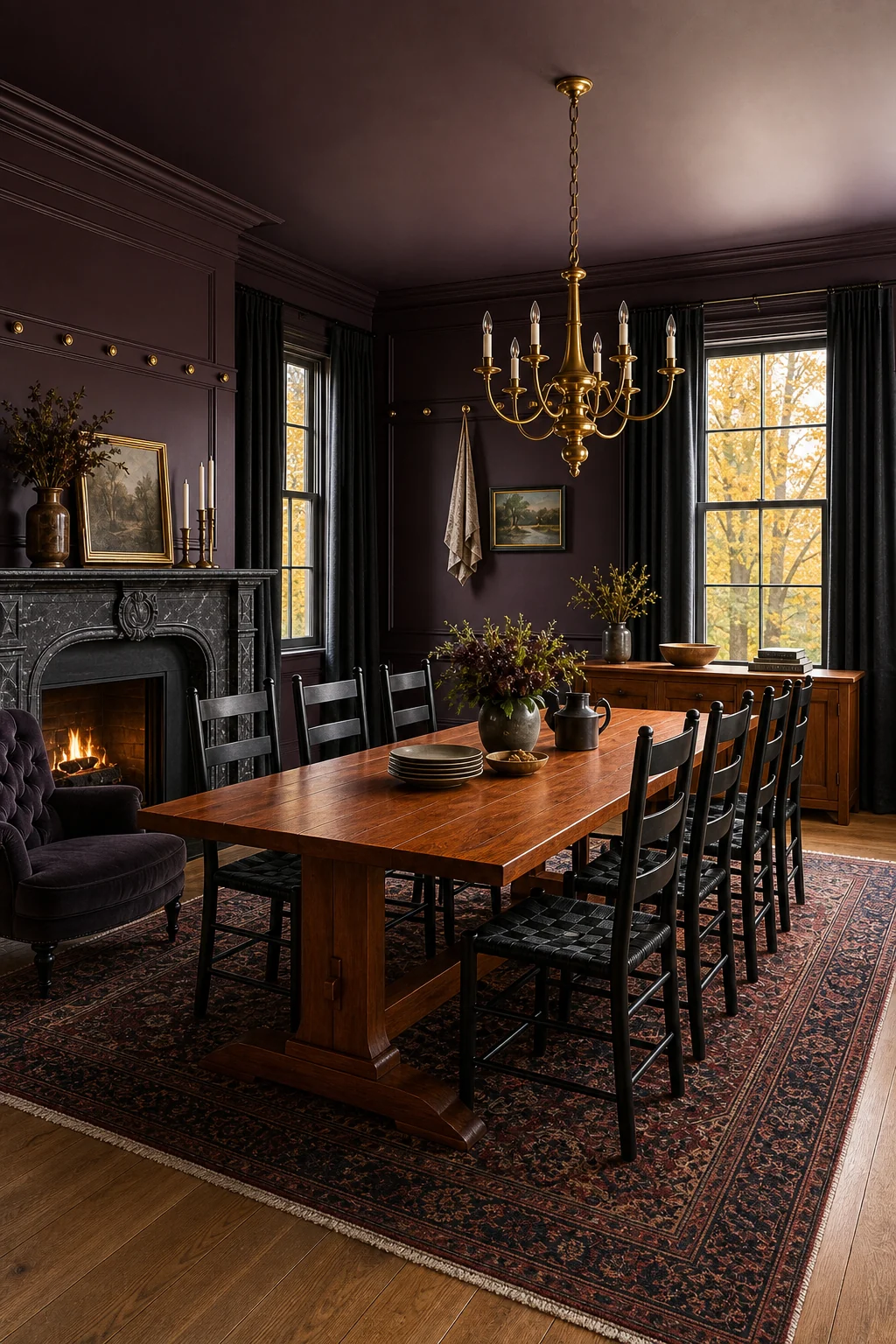 A full view of a dining room with dark walls, cherry table, and brass chandelier.