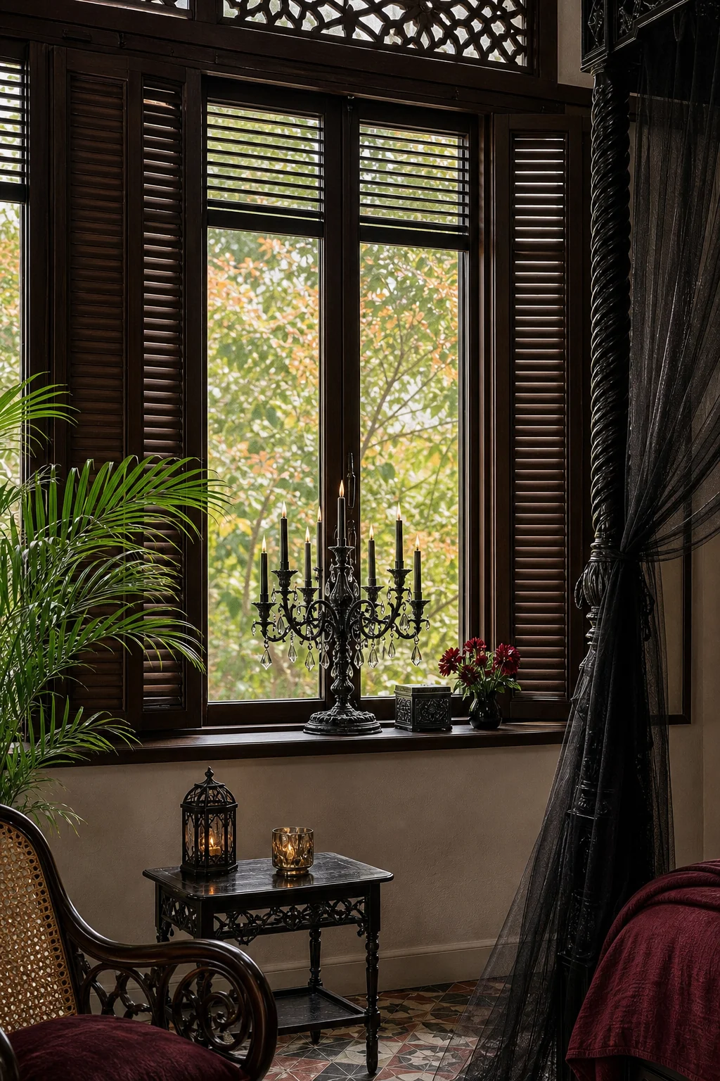 Close-up of tall dark teak louvered windows with a heavy wrought-iron candelabra on the sill