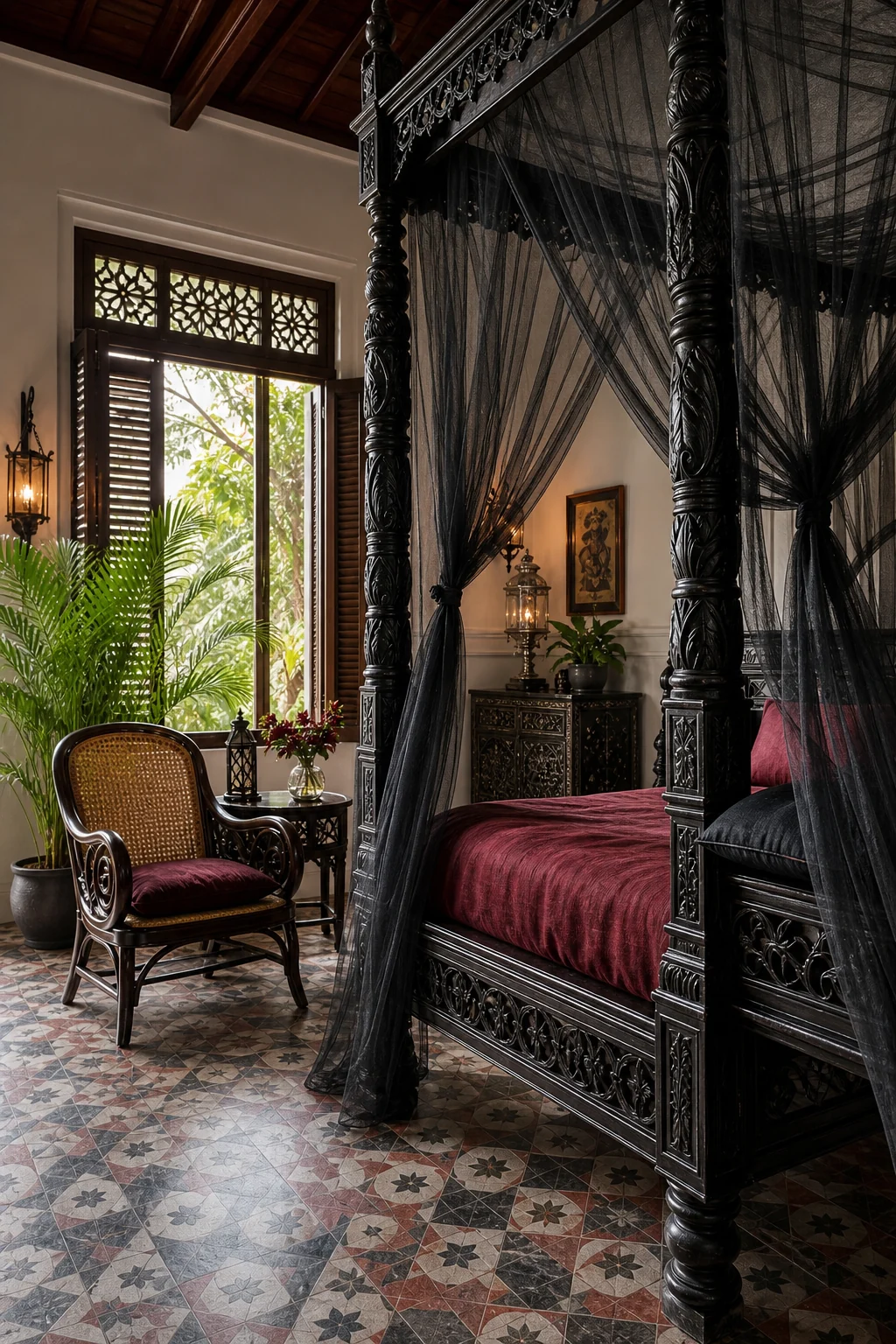 Low-angle detail of a carved ebony four-poster bed draped in sheer black mosquito netting
