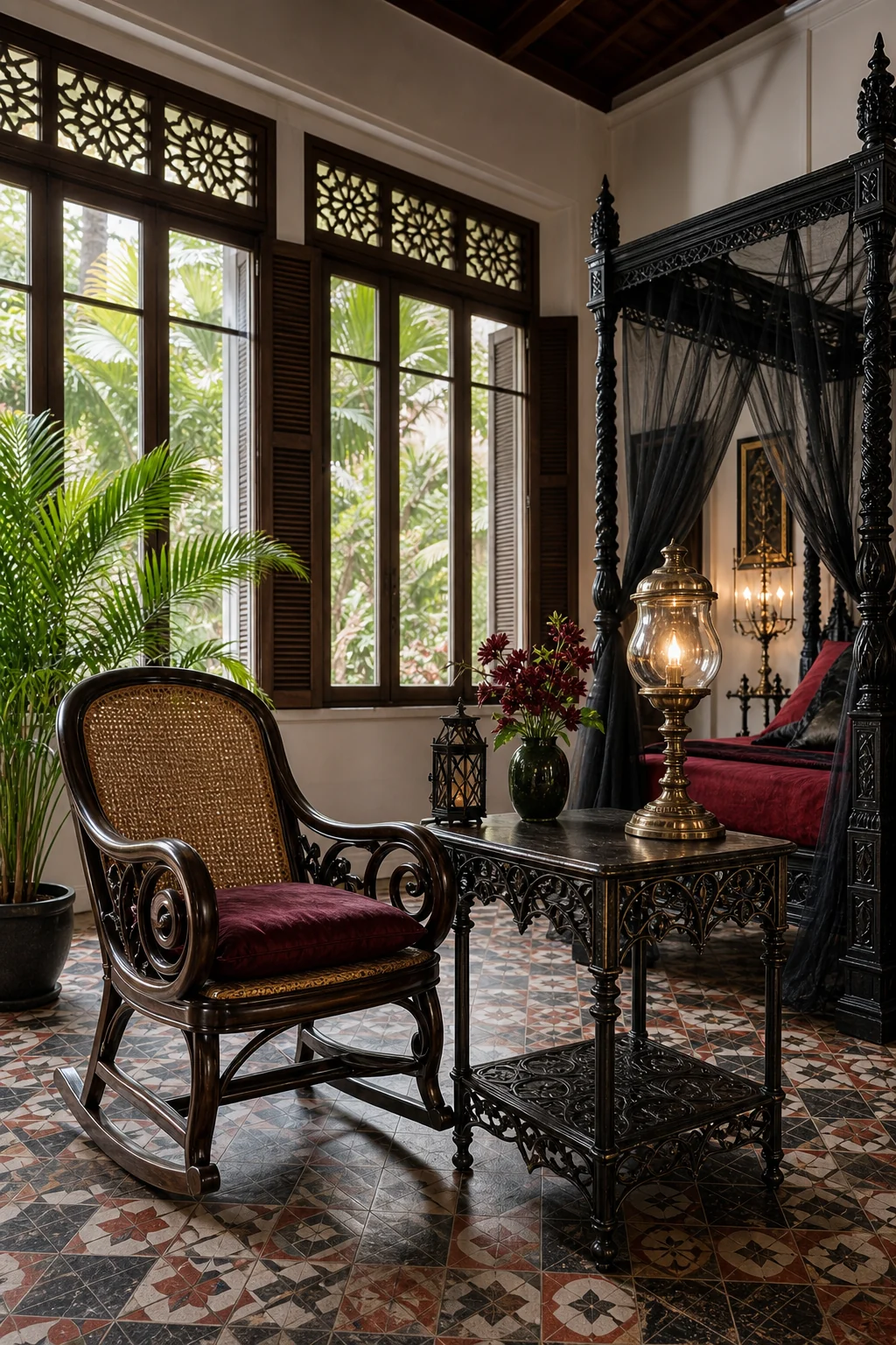 A rattan plantation chair paired with an ornate wrought-iron side table and brass lamp
