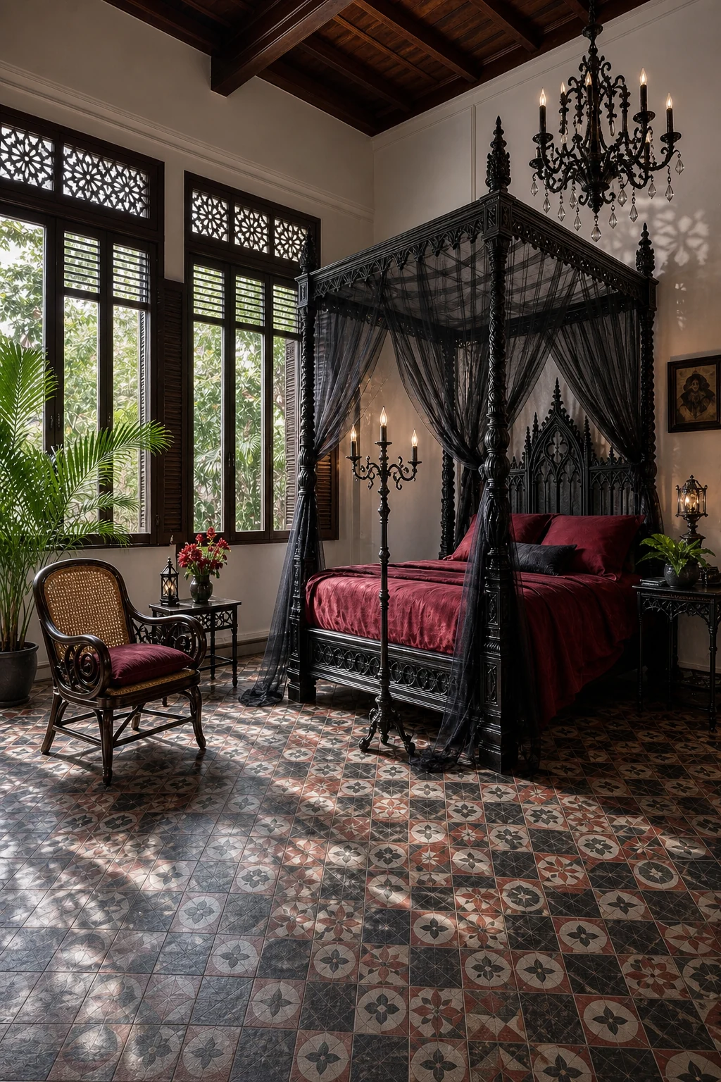Downward angle on faded charcoal and terracotta Peranakan floor tiles with soft shadows