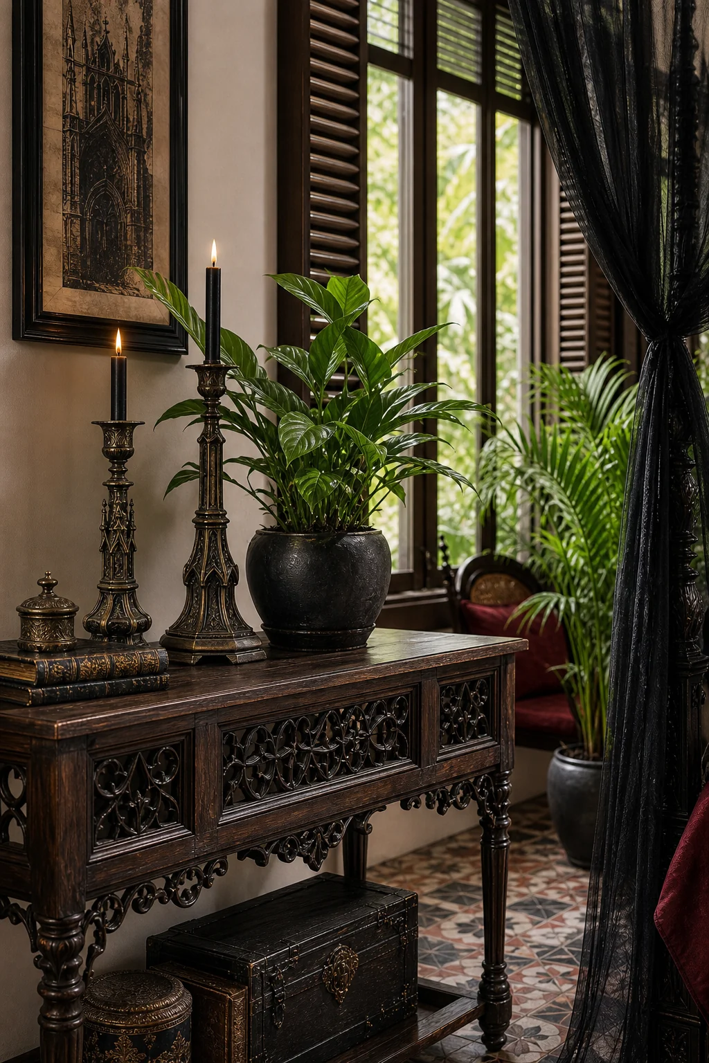 Dark teak console table holding aged brass candlesticks and a tropical plant in a dark pot