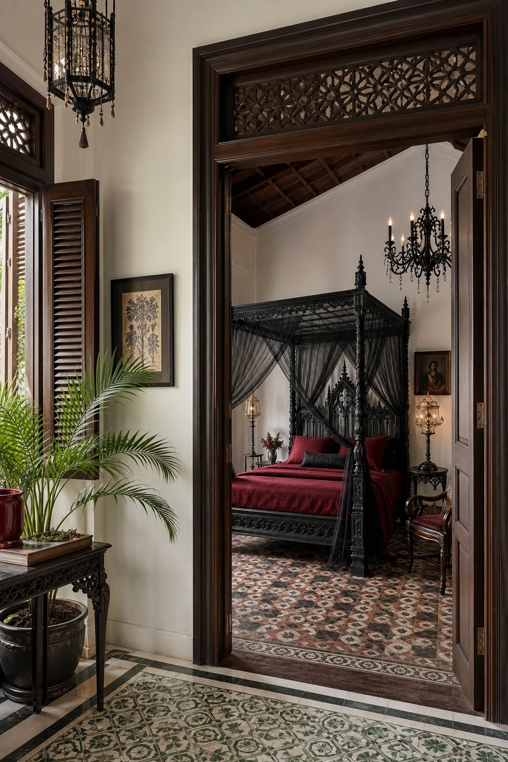 View through a dark teak doorway from a bright hallway into the moody bedroom