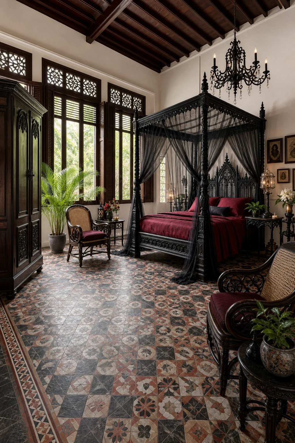 Wide corner shot showing a dark teak wardrobe, sheer-draped bed, and louvered windows