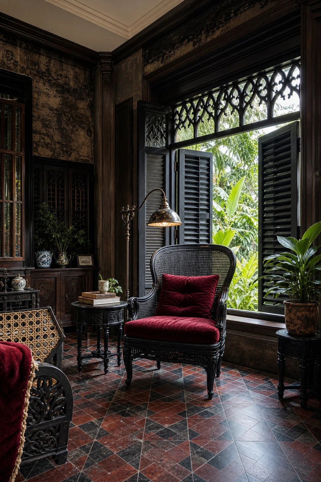 Wide view of tall ebonized teak louvered windows opening to lush tropical foliage, grounded by faded charcoal and crimson encaustic floor tiles.